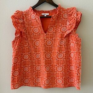 SAM EDELMAN Rey Cotton Ruffle Sleeve Eyelet Blouse |‎ Orange & White | Large